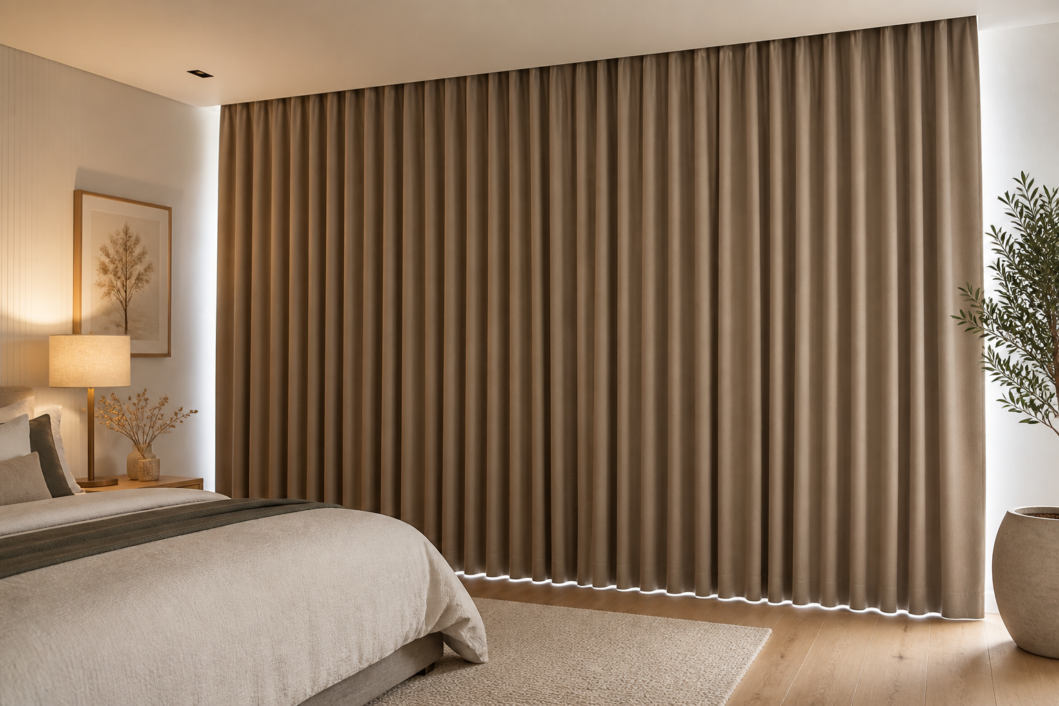 Neutral blockout curtains fully drawn across a bedroom window