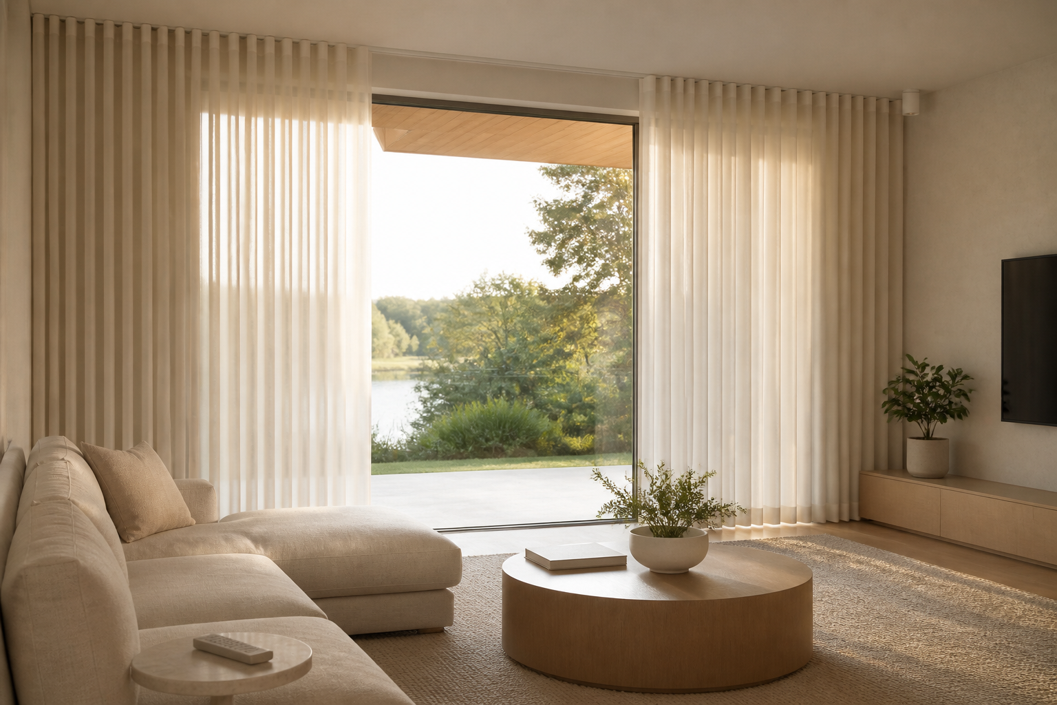 Motorised curtains drawn across wide glazing in a modern living room