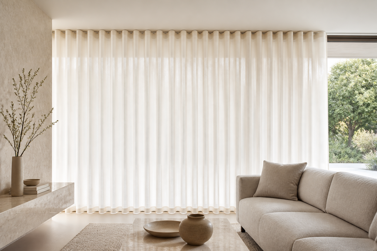 S-fold curtains falling in even waves across a wide contemporary window