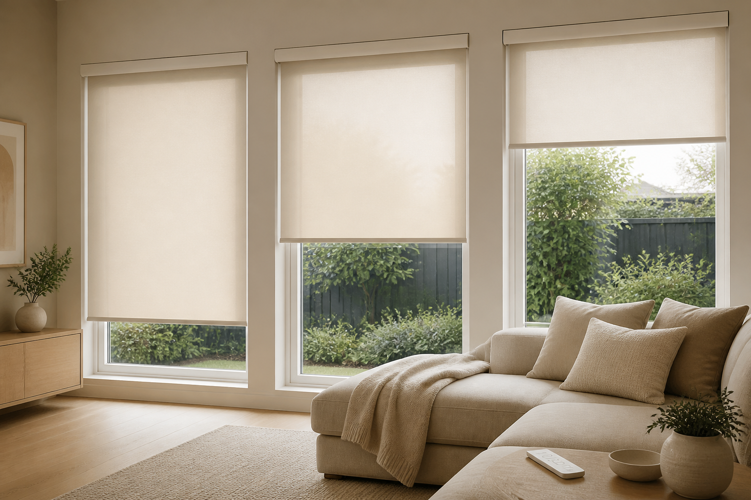 Motorised blind with remote control operation in a modern living room