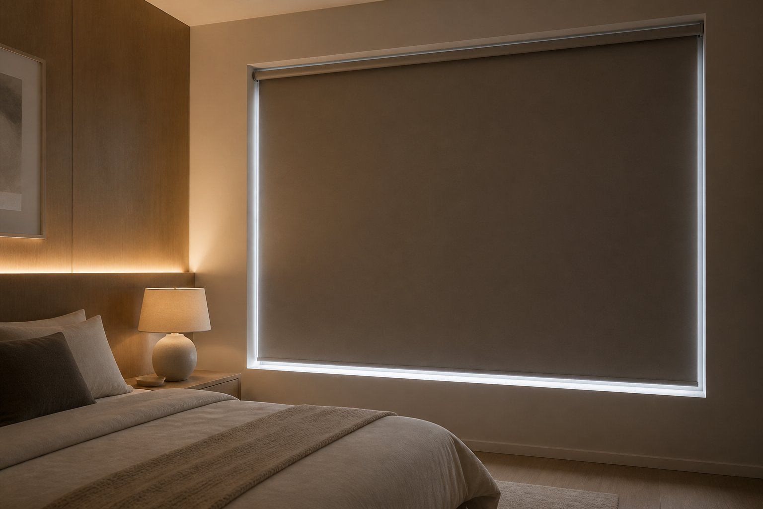 Neutral blockout roller blind fully lowered in a modern bedroom