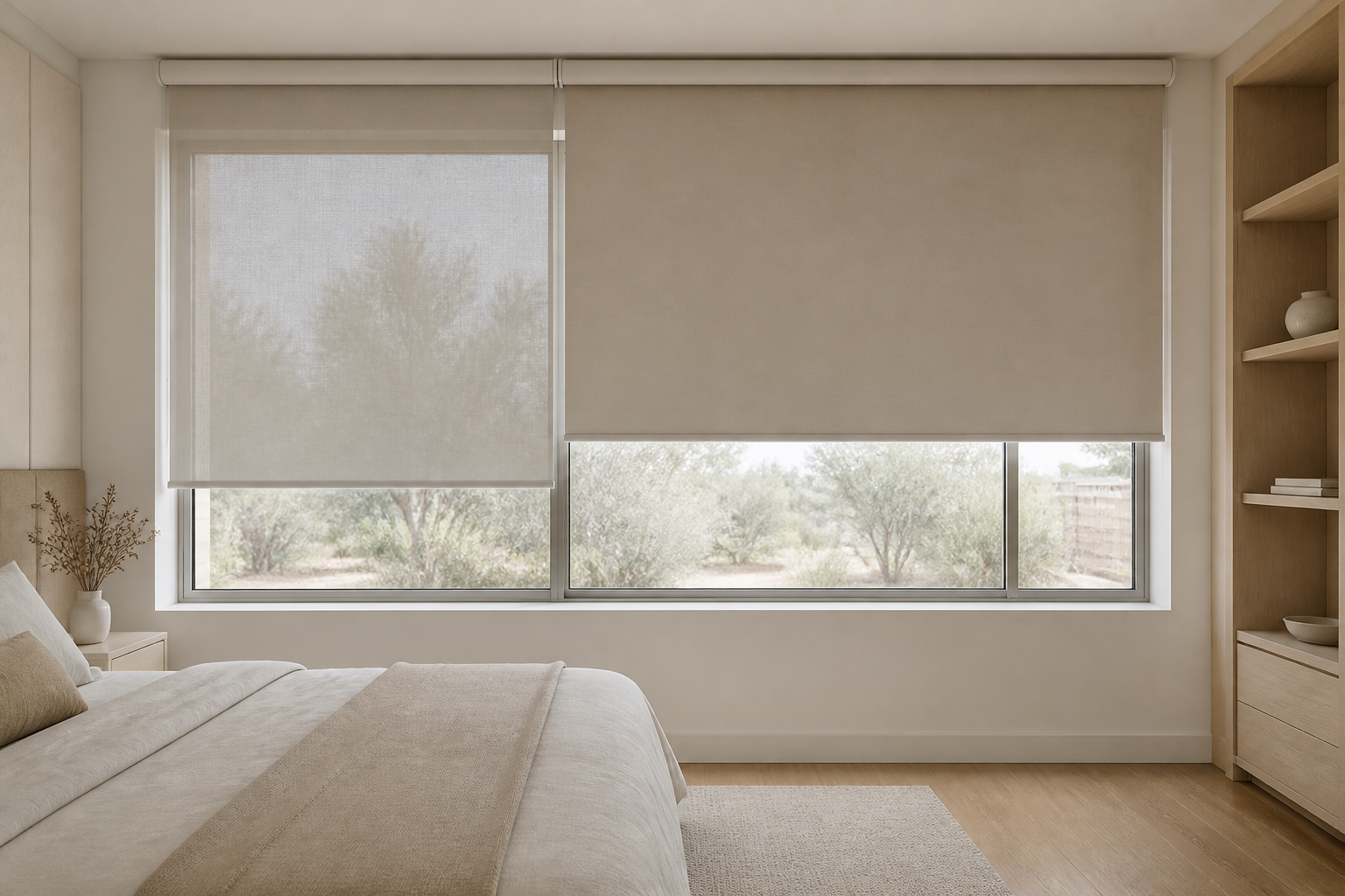 Double day-night roller blinds with sunscreen and blockout fabrics on a bedroom window