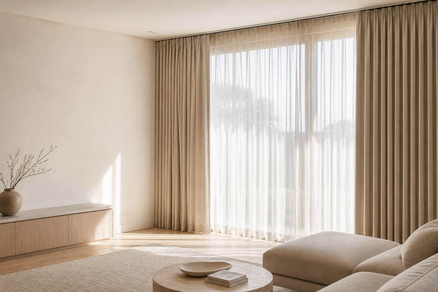 Custom curtains and blinds in a neutral Sydney interior