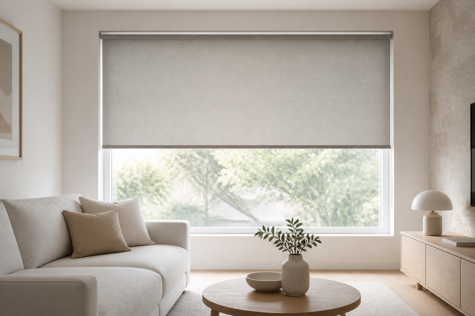Light-filtering roller blind in a neutral contemporary living room