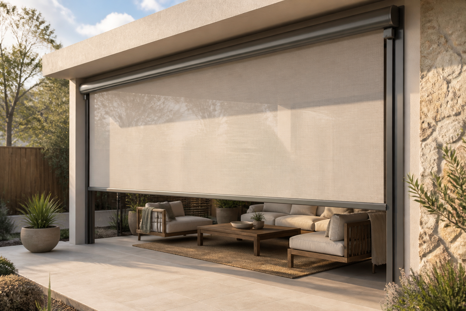 Neutral outdoor roller blind shading a modern Australian alfresco patio