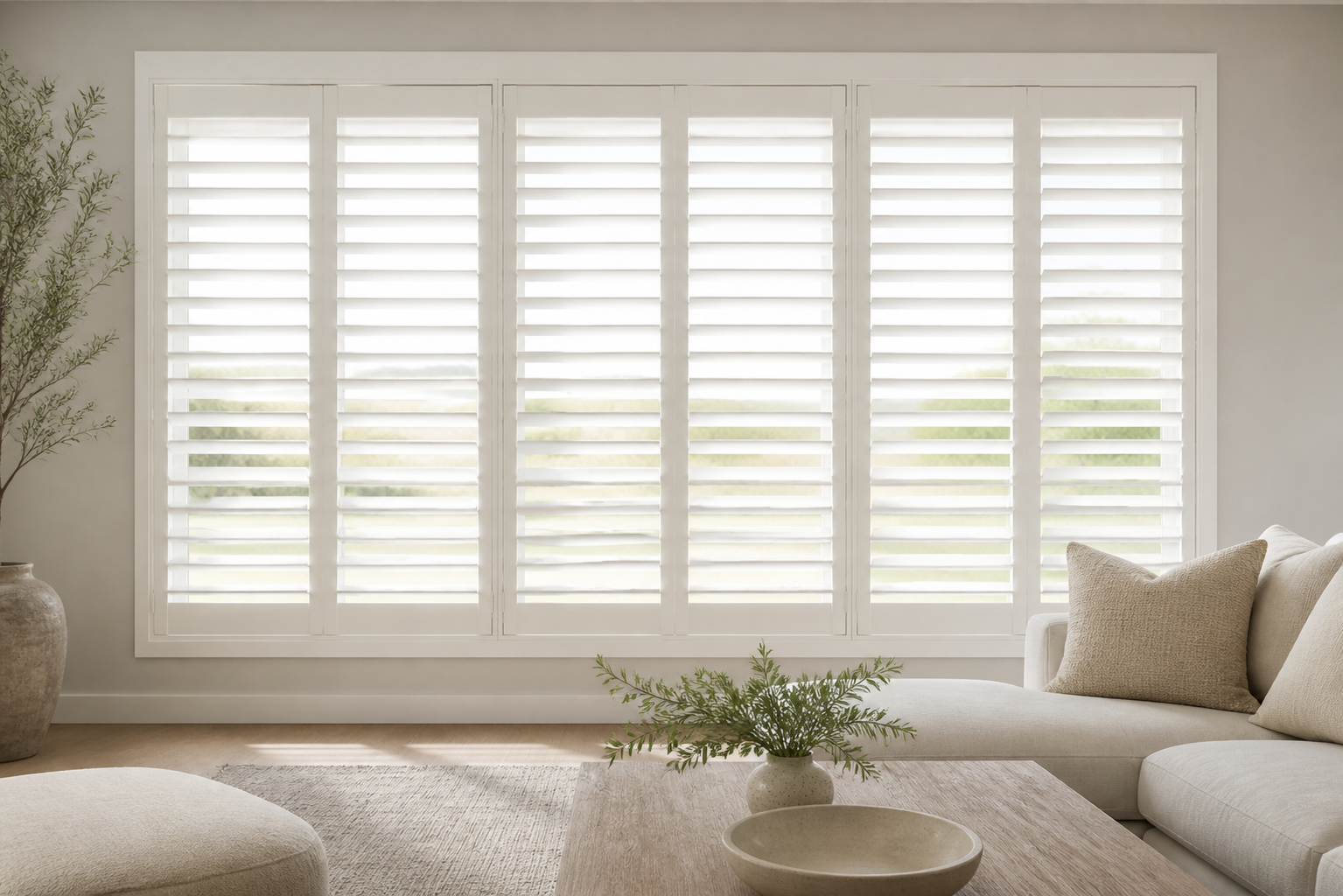 White plantation shutters with adjustable louvres in a neutral modern living room