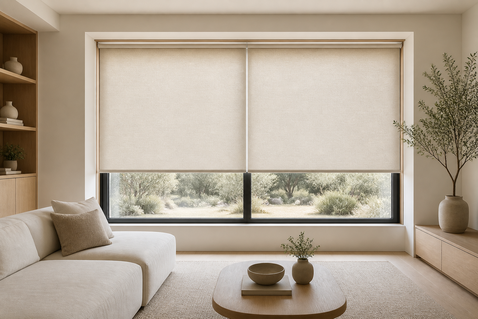 Neutral roller blinds fitted to a wide window in a modern living room