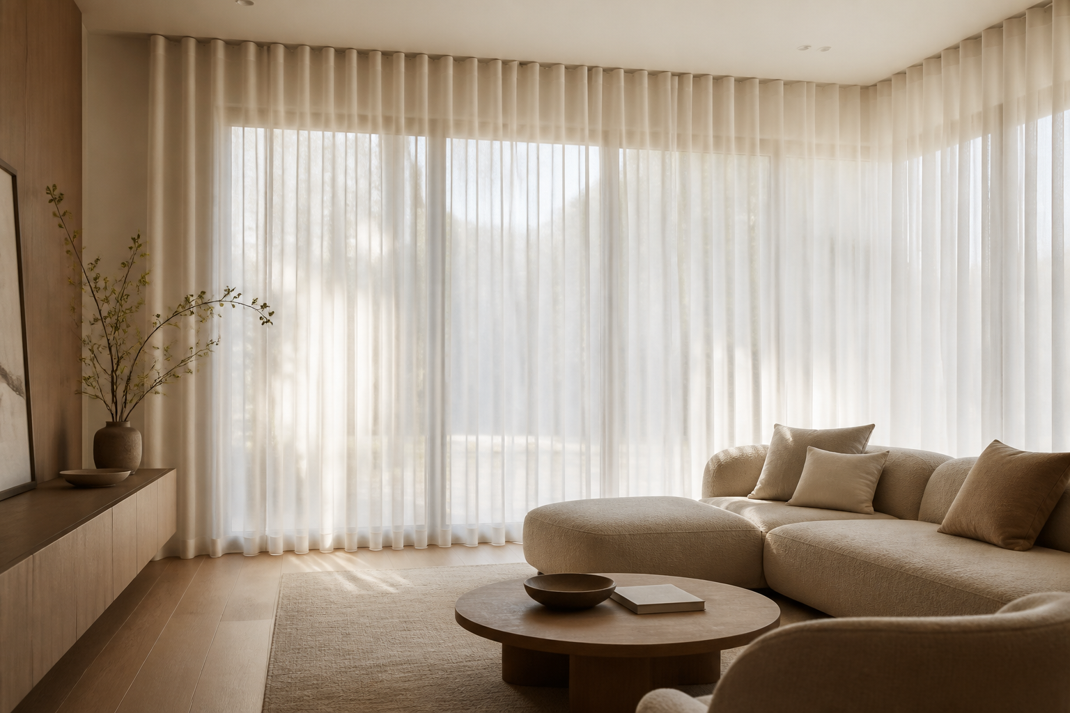 Floor-to-ceiling ivory sheer curtains in a warm neutral contemporary living room