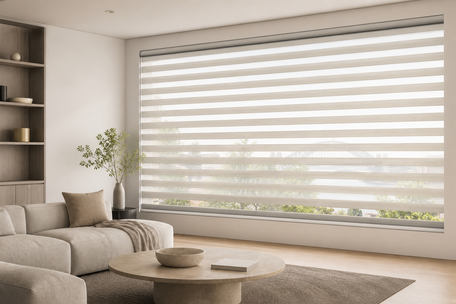 Warm-white zebra blinds with alternating sheer and opaque horizontal bands in a neutral Sydney living room