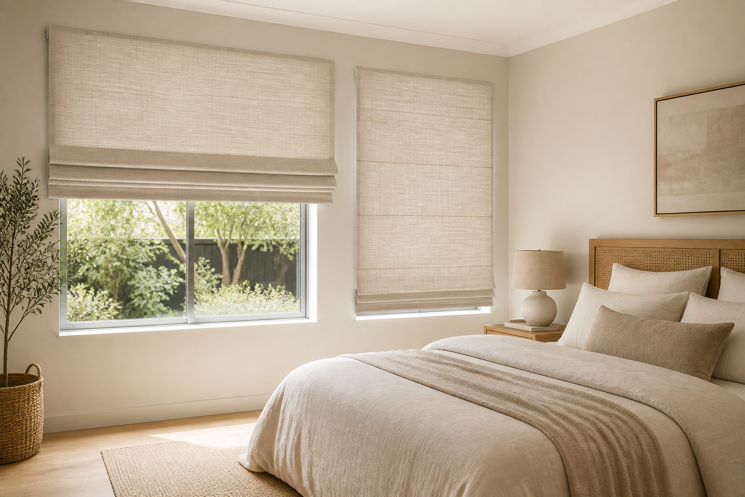 Tailored fabric roman blind with soft pleats in a neutral living room