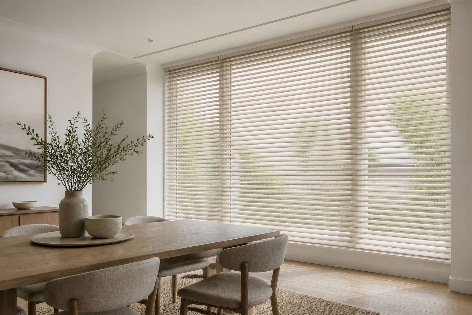 Venetian blinds with tilting aluminium slats in a neutral contemporary room